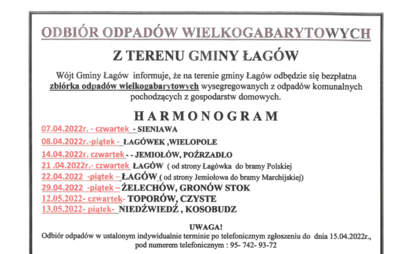 Zdjęcie do Odbi&oacute;r odpad&oacute;w wielkogabarytowych z terenu Gminy Łag&oacute;w