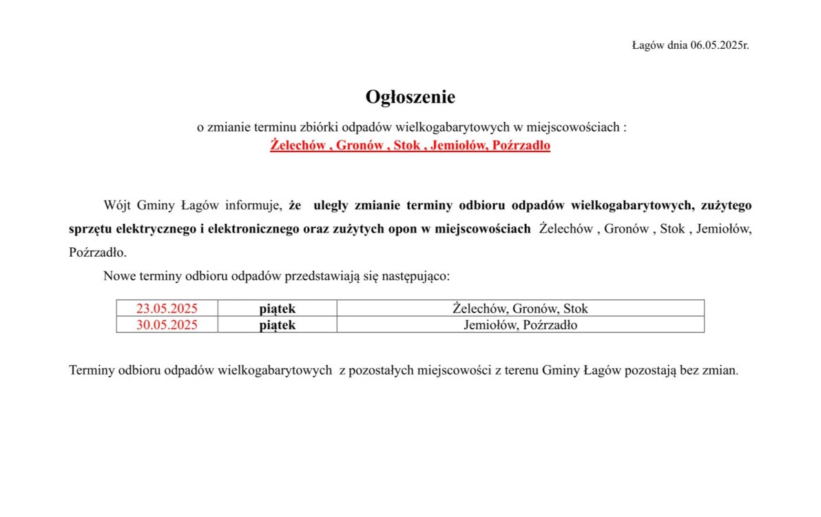 Zdjęcie do Ogłoszenie o zmianie terminu zbi&oacute;rki odpad&oacute;w wielkogabarytowych...