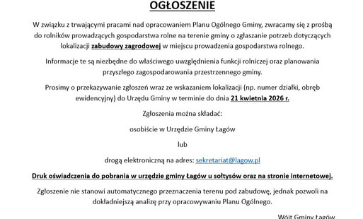 Zdjęcie do OGŁOSZENIE - gospodarstwa rolne