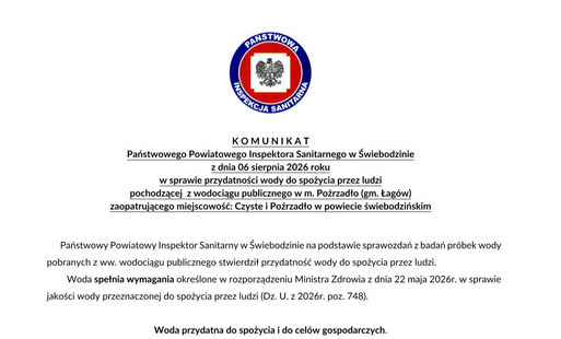 Zdjęcie do komunikat Państwowego Inspektora Sanitarnego w Świebodzinie z dnia 06 sierpnia 2026 roku